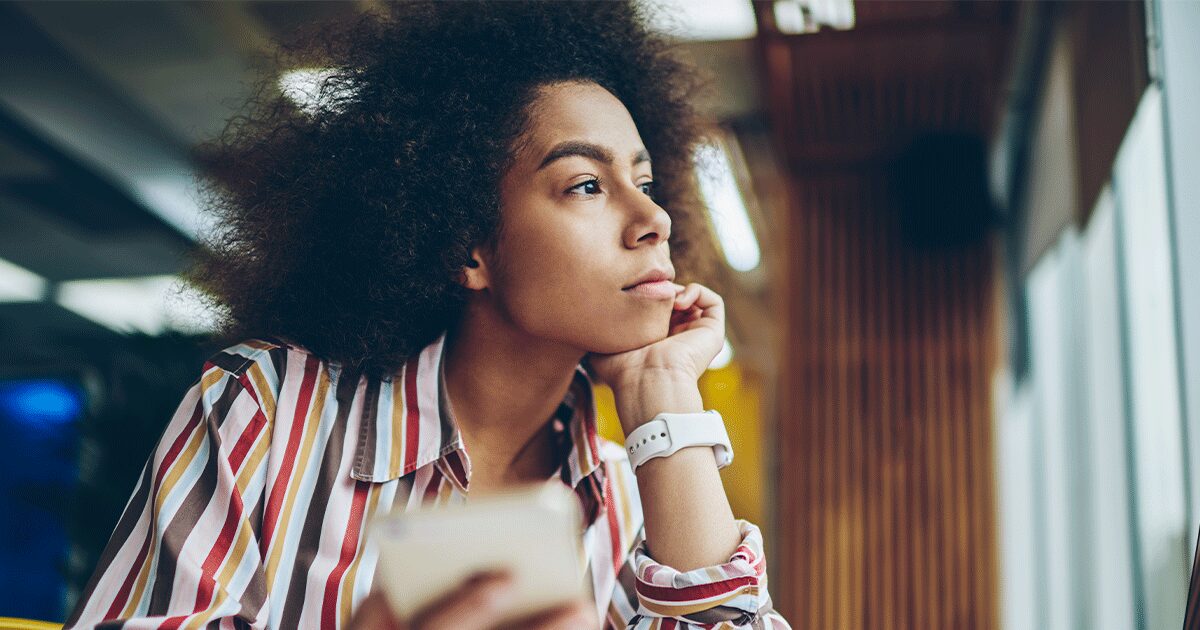 Woman thinking about mail-order abortion